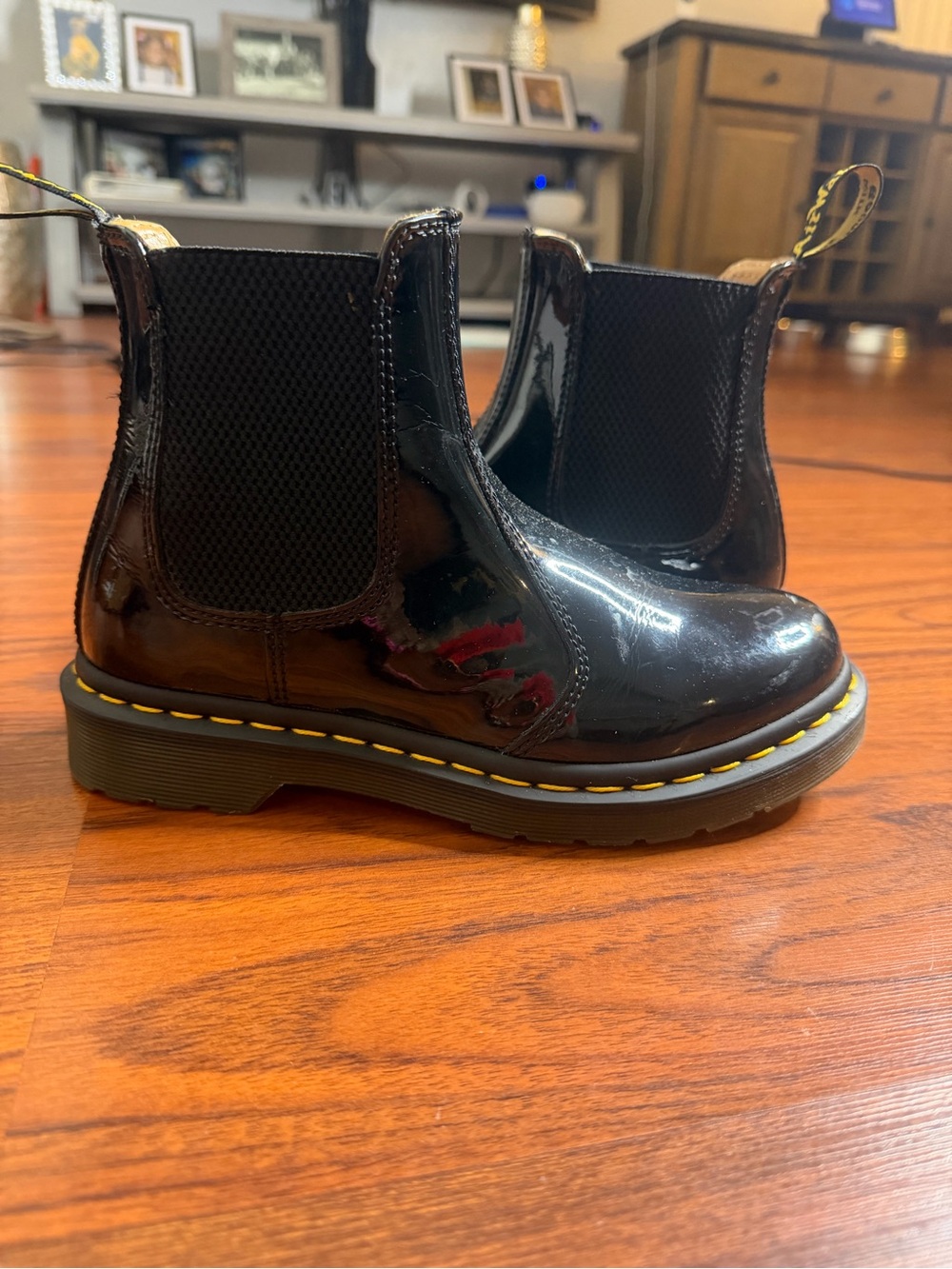 Dr Martens Black Patent Chelsea Boots with Yellow
